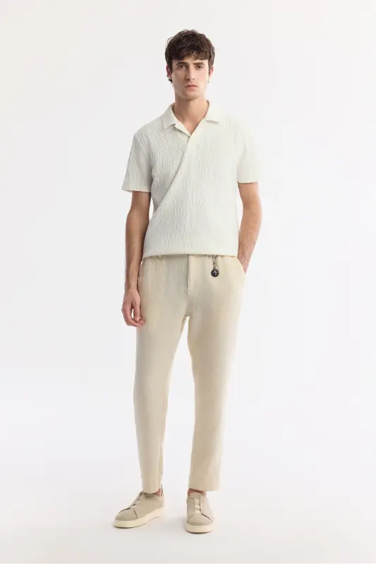 Men's Beige Relaxed Fit Elastic Waist 100% Linen Pants - 1