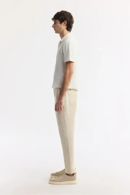 Men's Beige Relaxed Fit Elastic Waist 100% Linen Pants - 2