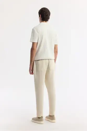 Men's Beige Relaxed Fit Elastic Waist 100% Linen Pants - 3