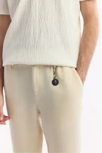 Men's Beige Relaxed Fit Elastic Waist 100% Linen Pants - 4