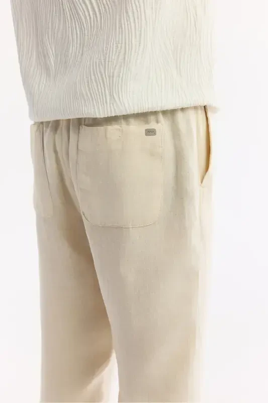 Men's Beige Relaxed Fit Elastic Waist 100% Linen Pants - 5