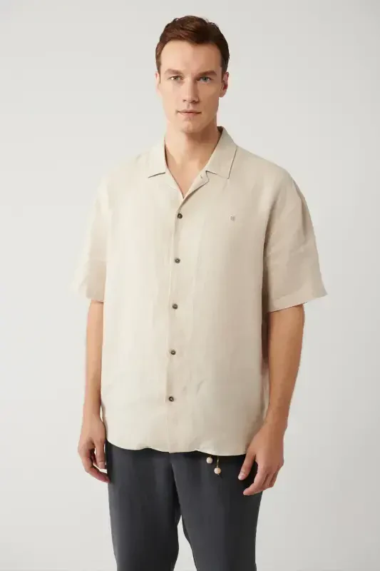 Men's Beige Shirt Spread Collar 100% Linen Short Sleeve Oversize Fit A41y2209 - 1
