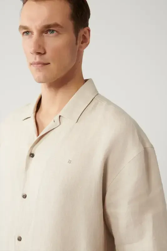 Men's Beige Shirt Spread Collar 100% Linen Short Sleeve Oversize Fit A41y2209 - 2