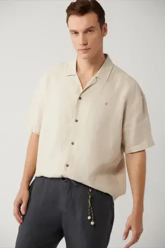 Men's Beige Shirt Spread Collar 100% Linen Short Sleeve Oversize Fit A41y2209 - 3