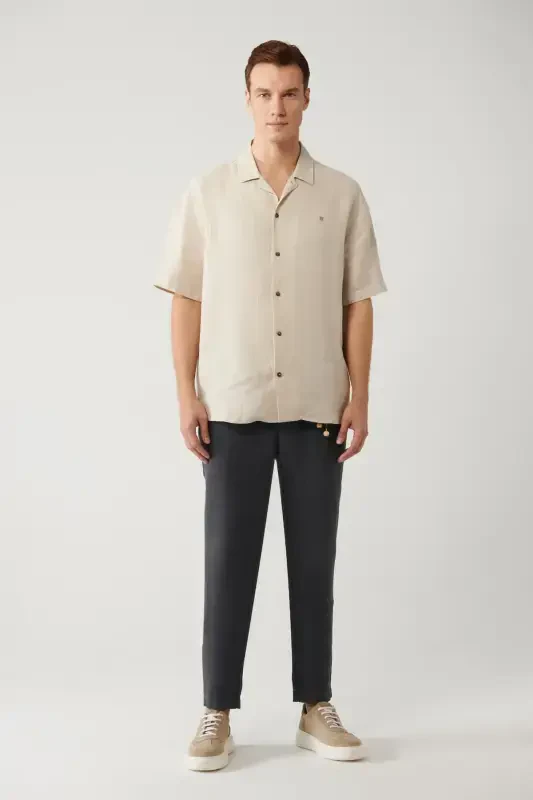 Men's Beige Shirt Spread Collar 100% Linen Short Sleeve Oversize Fit A41y2209 - 5