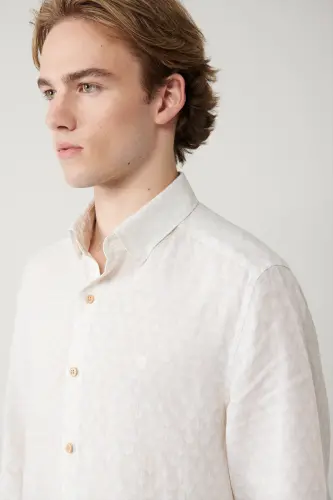 Men's Beige Shirt with British Collar and Leaf Pattern, 100% Linen Regular Fit A41y2120 - AVVA (1)