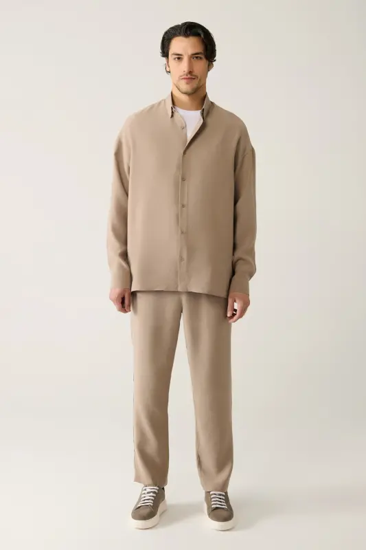 Men's Beige Shirt with Henley Neck Modal Fabric Oversize Fit A41y2168 - 7