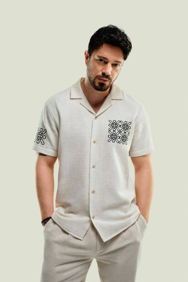 Men's Beige Shirt with Spread Collar, Relaxed Fit, Embroidered Details, Oversize A41y2231 - 17