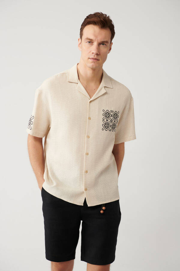 Men's Beige Shirt with Spread Collar, Relaxed Fit, Embroidered Details, Oversize A41y2231 - 19