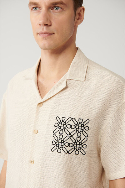 Men's Beige Shirt with Spread Collar, Relaxed Fit, Embroidered Details, Oversize A41y2231 - 20