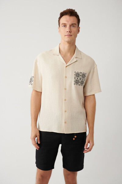 Men's Beige Shirt with Spread Collar, Relaxed Fit, Embroidered Details, Oversize A41y2231 - 21