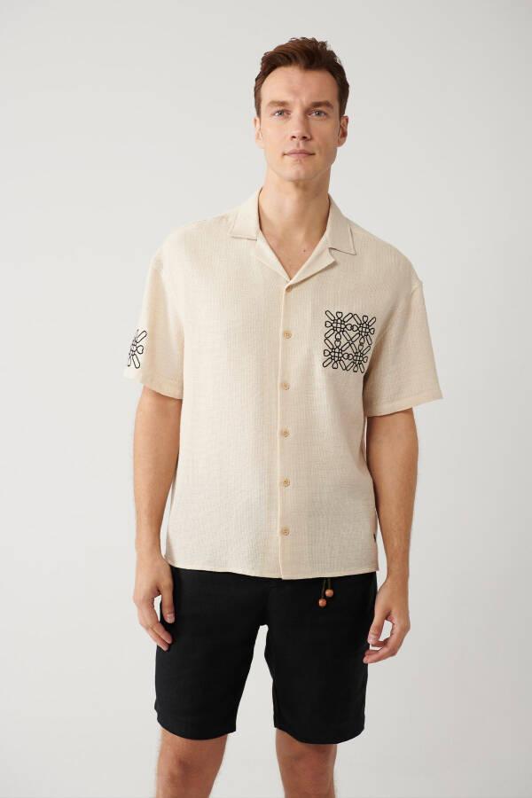 Men's Beige Shirt with Spread Collar, Relaxed Fit, Embroidered Details, Oversize A41y2231 - 21