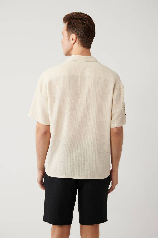 Men's Beige Shirt with Spread Collar, Relaxed Fit, Embroidered Details, Oversize A41y2231 - 22