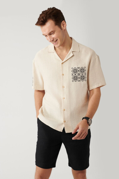 Men's Beige Shirt with Spread Collar, Relaxed Fit, Embroidered Details, Oversize A41y2231 - 23