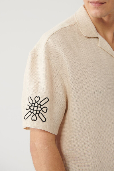 Men's Beige Shirt with Spread Collar, Relaxed Fit, Embroidered Details, Oversize A41y2231 - 24