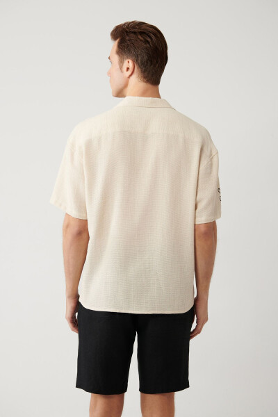 Men's Beige Shirt with Spread Collar, Relaxed Fit, Embroidered Details, Oversize A41y2231 - 14