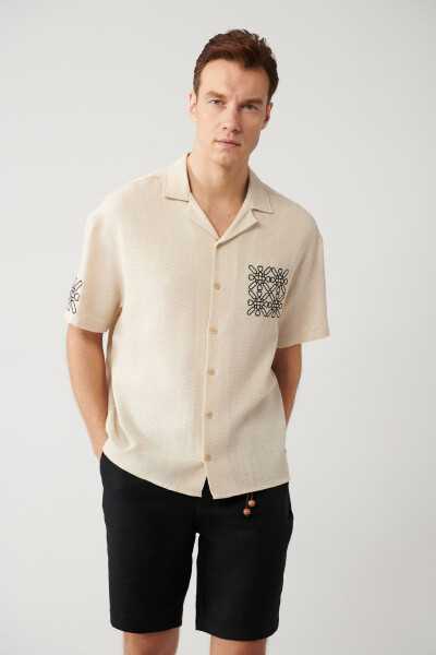 Men's Beige Shirt with Spread Collar, Relaxed Fit, Embroidered Details, Oversize A41y2231 - 3