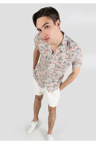 Men's beige short-sleeved, printed, regular fit shirt. - 3