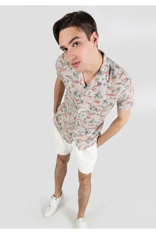 Men's beige short-sleeved, printed, regular fit shirt. - 3