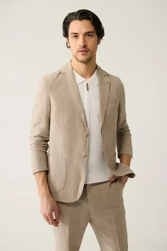 Men's Beige Single-Breasted Unlined Linen Blend Linen Touch Suit Jacket A41y4060 - AVVA