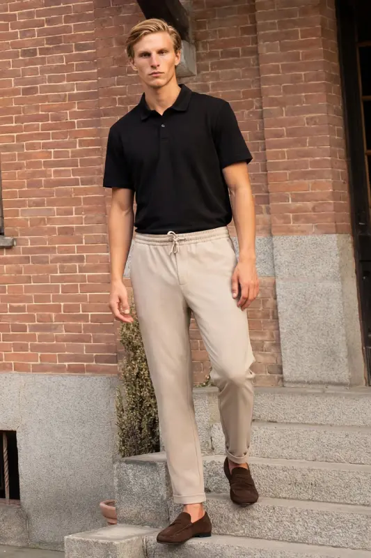 Men's Beige Slim Fit Comfort Fit Tie Waist Side Pocket Jogger Pants-Beige - 7