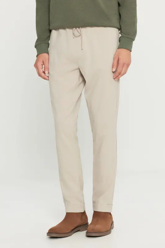 Men's Beige Slim Fit Comfort Fit Tie Waist Side Pocket Jogger Pants-Beige - 2
