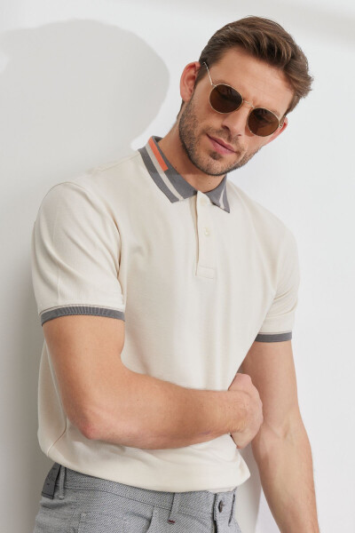 Men's Beige Slim Fit Narrow Cut 100% Cotton Non-Iron Polo Neck T-Shirt - 11