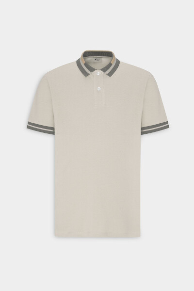 Men's Beige Slim Fit Narrow Cut 100% Cotton Non-Iron Polo Neck T-Shirt - 18