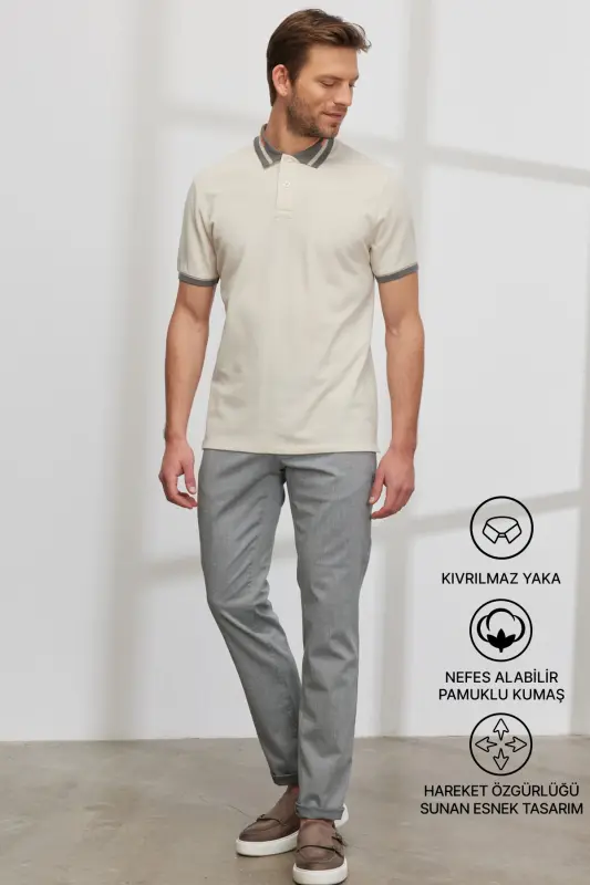 Men's Beige Slim Fit Narrow Cut 100% Cotton Non-Iron Polo Neck T-Shirt - 2