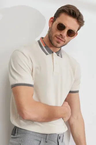 Men's Beige Slim Fit Narrow Cut 100% Cotton Non-Iron Polo Neck T-Shirt - 3