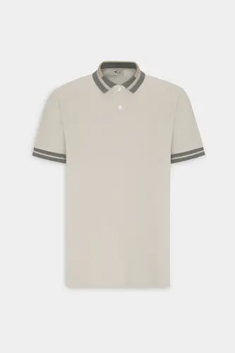 Men's Beige Slim Fit Narrow Cut 100% Cotton Non-Iron Polo Neck T-Shirt - 10
