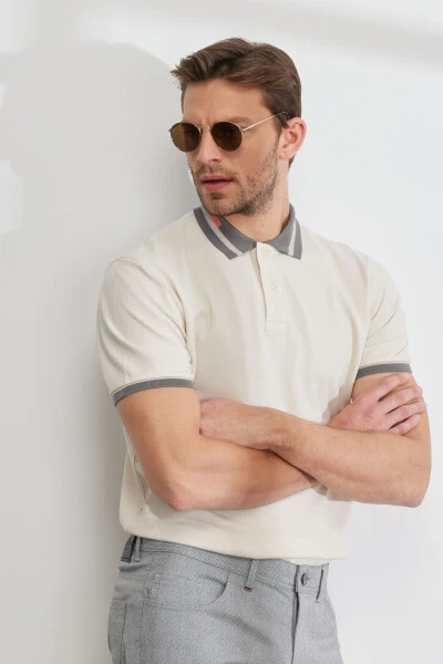 Men's Beige Slim Fit Narrow Cut 100% Cotton Non-Iron Polo Neck T-Shirt - MODAZONE (1)