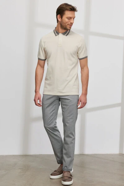 Men's Beige Slim Fit Narrow Cut 100% Cotton Non-Iron Polo Neck T-Shirt - 4