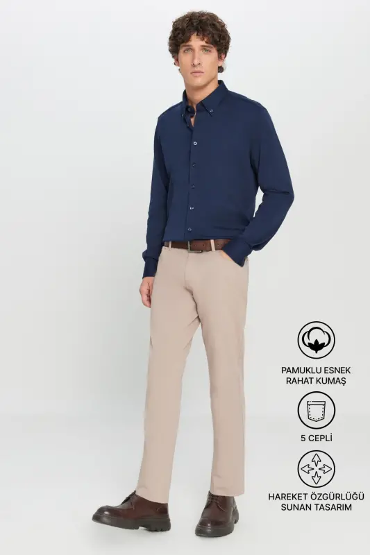 Men's Beige Slim Fit Narrow Cut 5 Pocket Cotton Canvas Stretch Chino Pants - AC&CO / ALTINYILDIZ CLASSICS