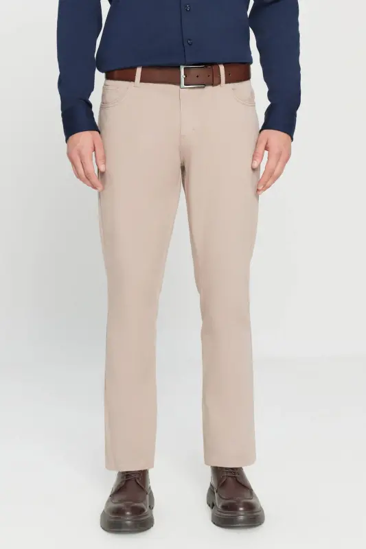 Men's Beige Slim Fit Narrow Cut 5 Pocket Cotton Canvas Stretch Chino Pants - 1