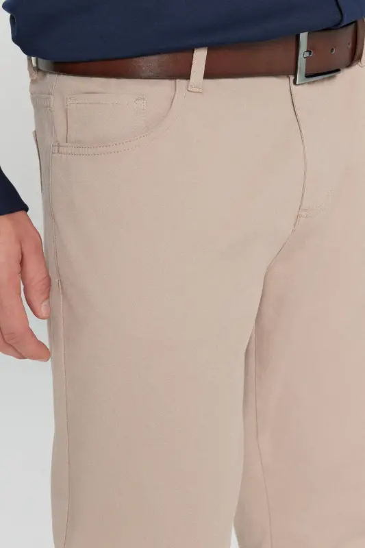 Men's Beige Slim Fit Narrow Cut 5 Pocket Cotton Canvas Stretch Chino Pants - 6