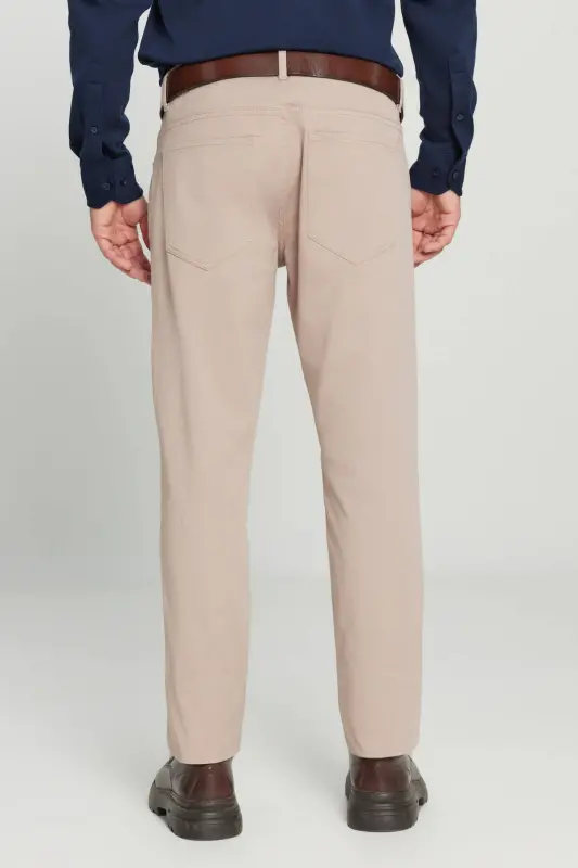 Men's Beige Slim Fit Narrow Cut 5 Pocket Cotton Canvas Stretch Chino Pants - 7