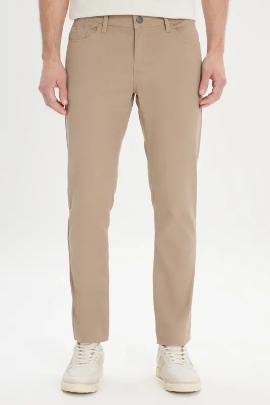 Men's Beige Slim Fit Narrow Cut 5 Pocket Textured Flexible Trousers-Beige - 1
