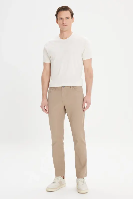 Men's Beige Slim Fit Narrow Cut 5 Pocket Textured Flexible Trousers-Beige - 2