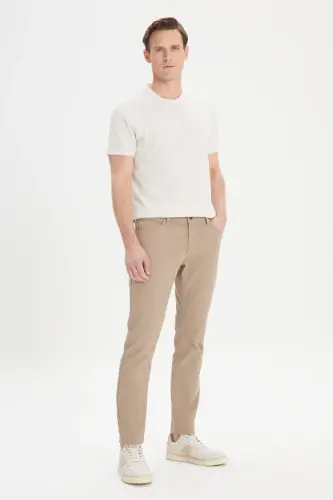 Men's Beige Slim Fit Narrow Cut 5 Pocket Textured Flexible Trousers-Beige - 5