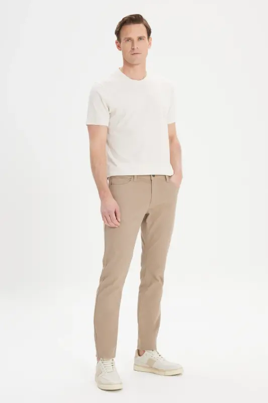 Men's Beige Slim Fit Narrow Cut 5 Pocket Textured Flexible Trousers-Beige - 5