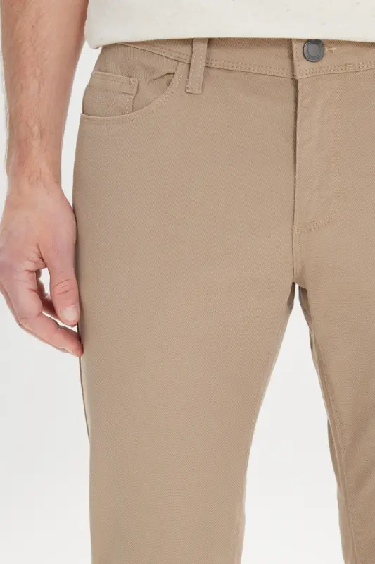 Men's Beige Slim Fit Narrow Cut 5 Pocket Textured Stretch Trousers - 6