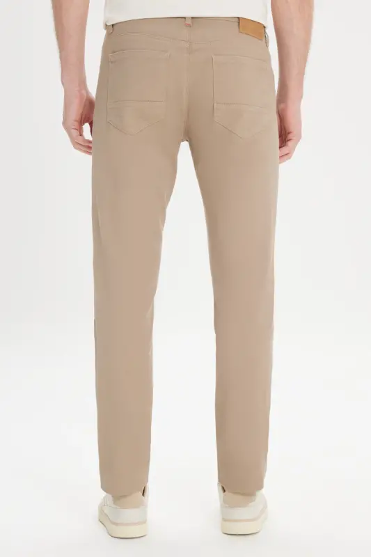 Men's Beige Slim Fit Narrow Cut 5 Pocket Textured Stretch Trousers - 7