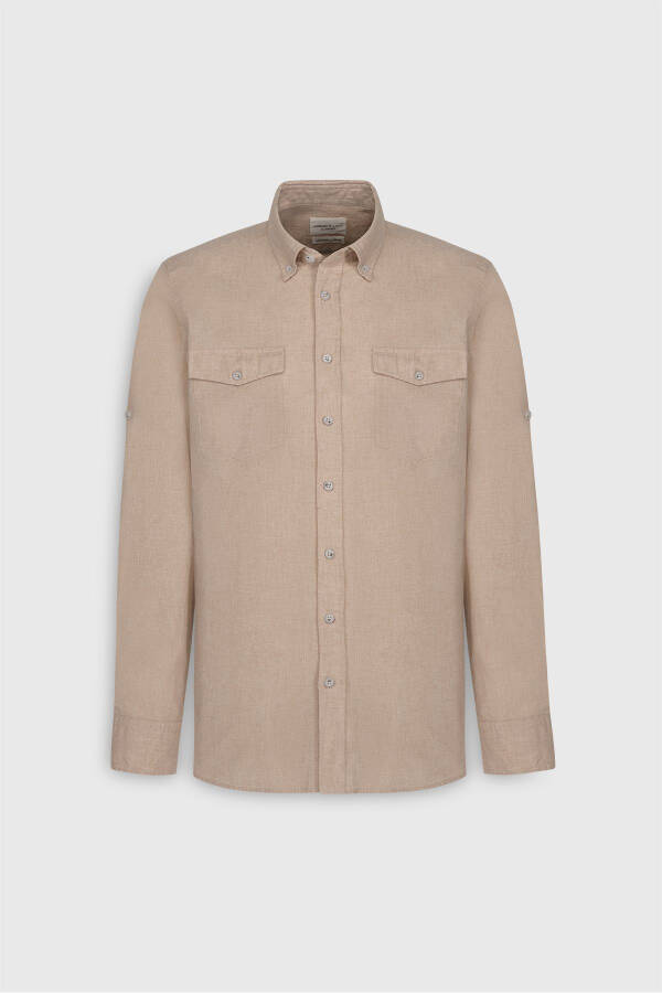 Men's Beige Slim Fit Narrow Cut Button-Down Collar Oxford % - 1