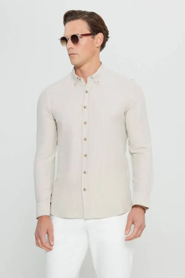 Men's Beige Slim Fit Narrow Cut Button-Down Collar Textured Gaufré Patterned Shirt - 1