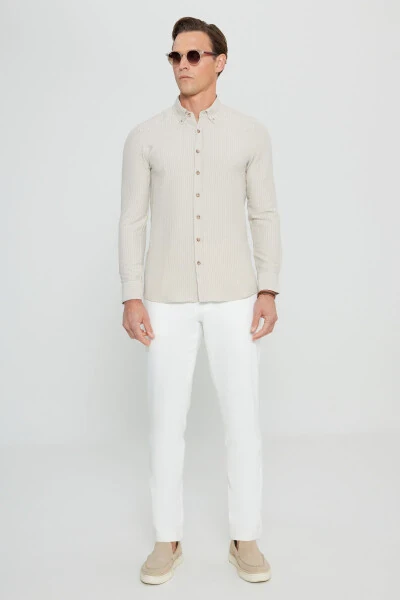 Men's Beige Slim Fit Narrow Cut Button-Down Collar Textured Gaufré Patterned Shirt - ALTINYILDIZ CLASSICS (1)