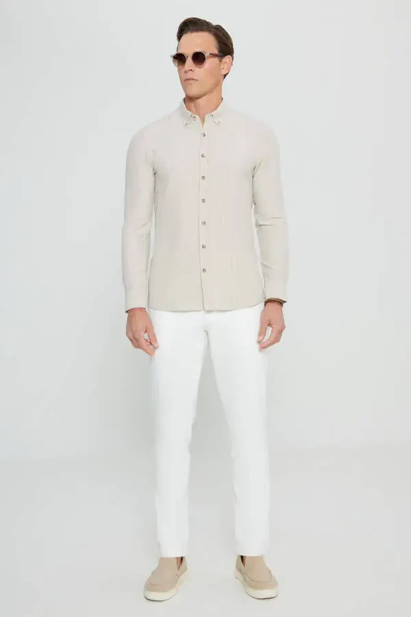 Men's Beige Slim Fit Narrow Cut Button-Down Collar Textured Gaufré Patterned Shirt - 2