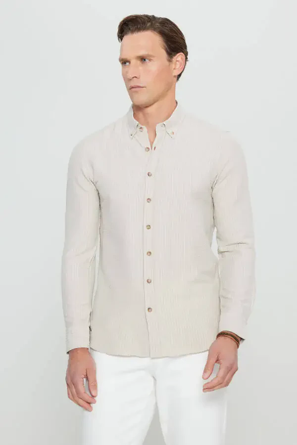 Men's Beige Slim Fit Narrow Cut Button-Down Collar Textured Gaufré Patterned Shirt - 3