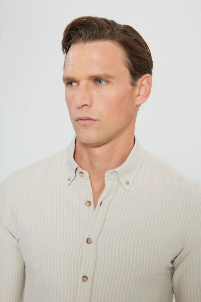 Men's Beige Slim Fit Narrow Cut Button-Down Collar Textured Gaufré Patterned Shirt - 4