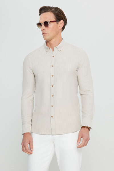Men's Beige Slim Fit Narrow Cut Button-Down Collar Textured Gaufré Patterned Shirt 